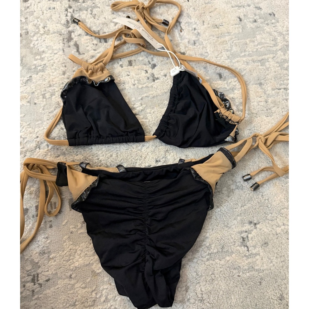 Beach Bunny Smoke & Mirrors Bikini Set Black Tan Metallic Silver Trim Large NWT - Picture 5 of 5